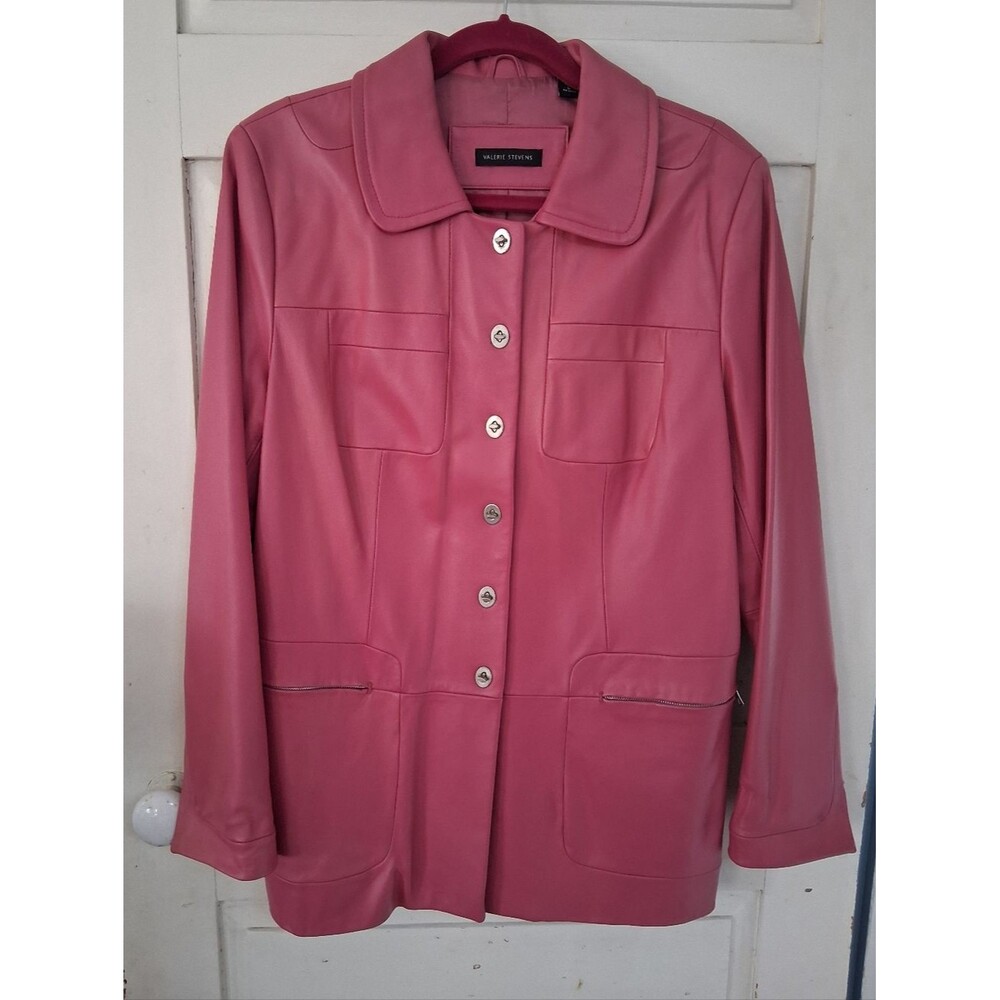 Valerie Stevens Rose Pink Leather Toggle Clasp-Front Jacket Fold Up Cuffs Sz L